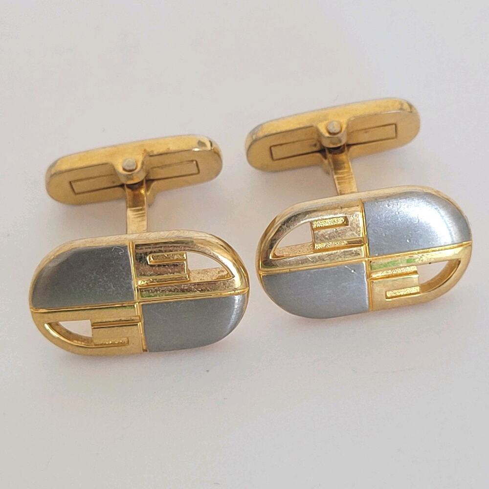 Givenchy Cufflinks Set Gold Silver Black‎ Tone Oval Logo Vintage Geometric